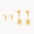 Gold earrings with four-point star and diamond sun dangle designs on a white background