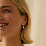model wearing bridal earring stack set including diamond, sun and star shaped earrings