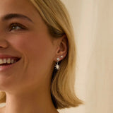 model wearing bridal earring stack set including diamond, sun and star shaped earrings