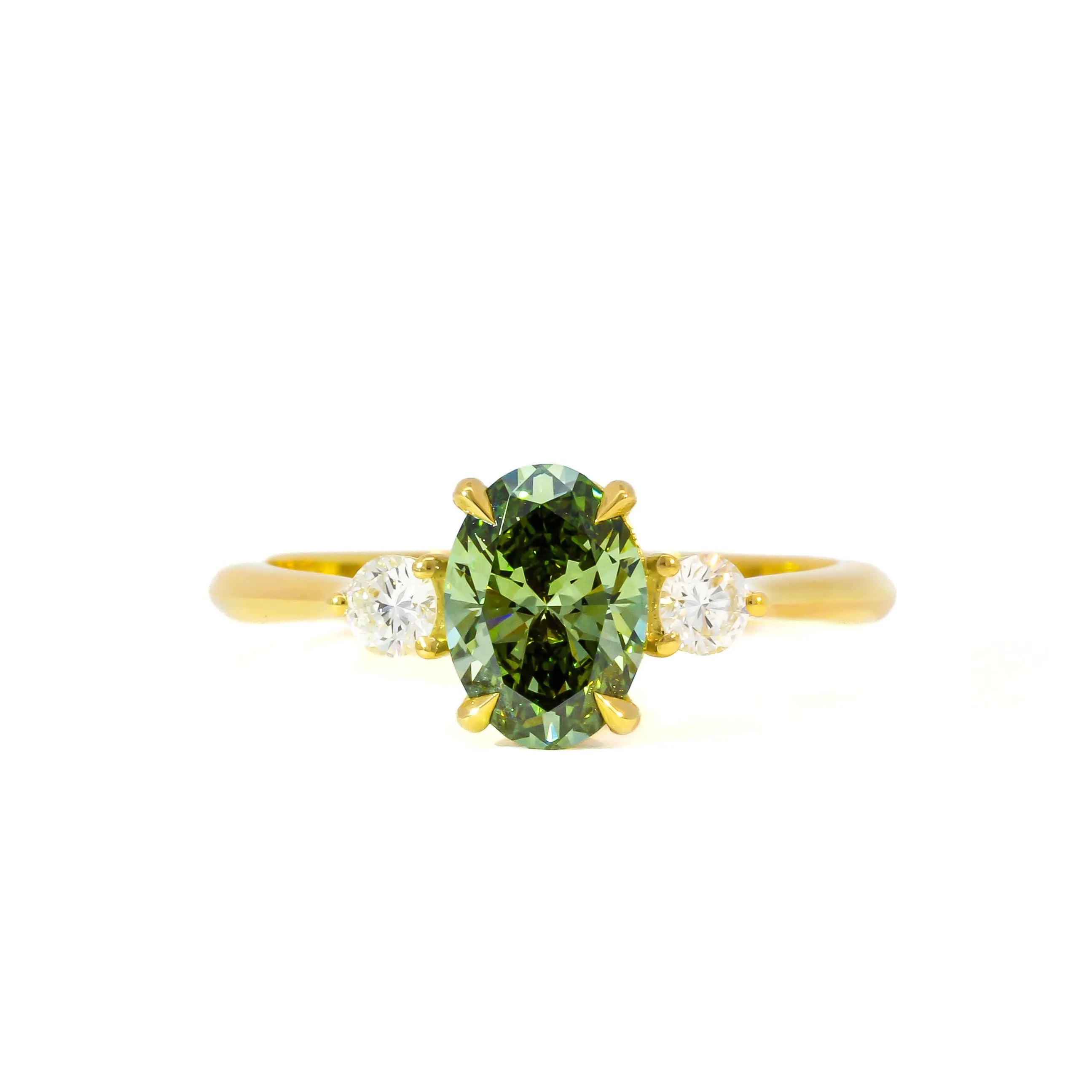 18ct Gold Oval Green Diamond Trilogy Engagement Ring-Engagement Rings-Wild Fawn Jewellery