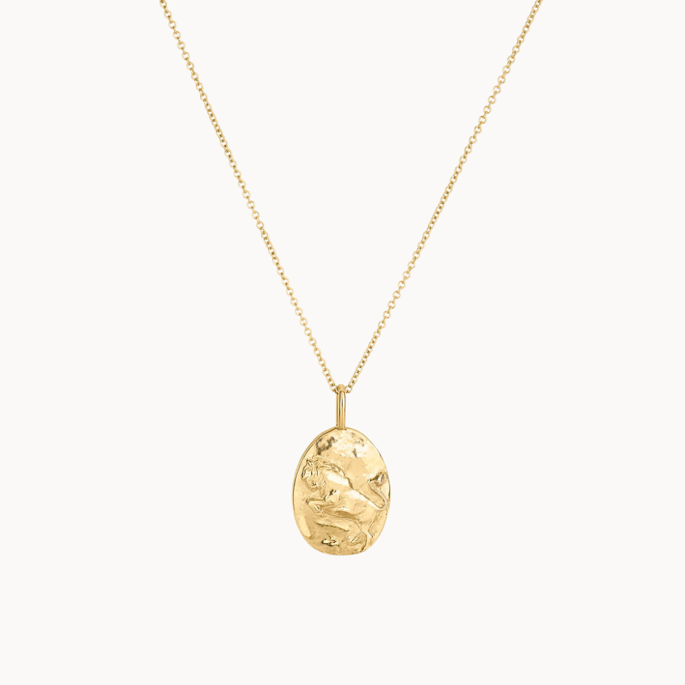 Gold taurus necklace with an oval pendant on a white background