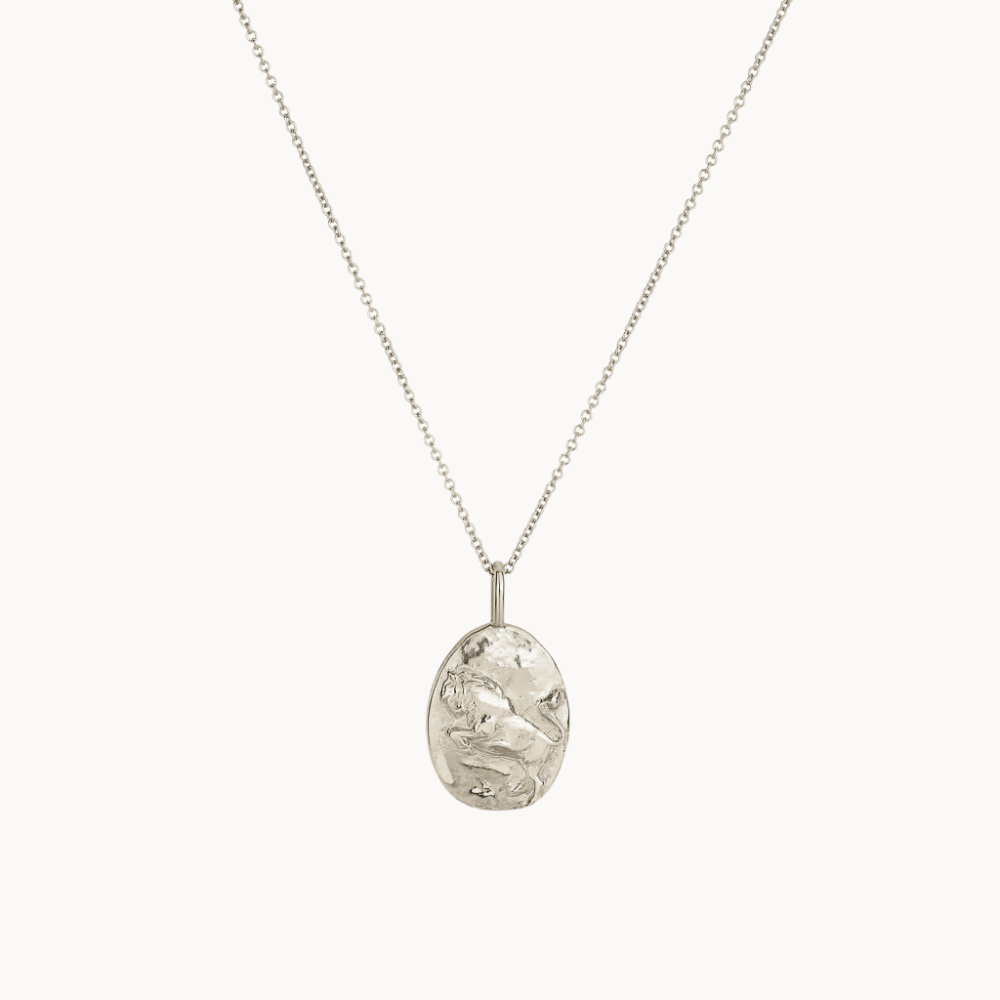 Silver taurus necklace with a textured pendant on a white background