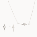 white gold four-point star shaped necklace and earrings set on a white background