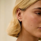 Close-up of a woman wearing a yellow gold star-shaped stud earring with a neutral background