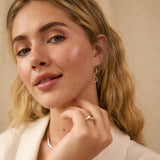 A close-up lifestyle shot of a woman with blonde hair wearing a delicate silver ring on her finger and a thin silver dangle earring in her ear, dressed in a white blazer against a warm beige background.
