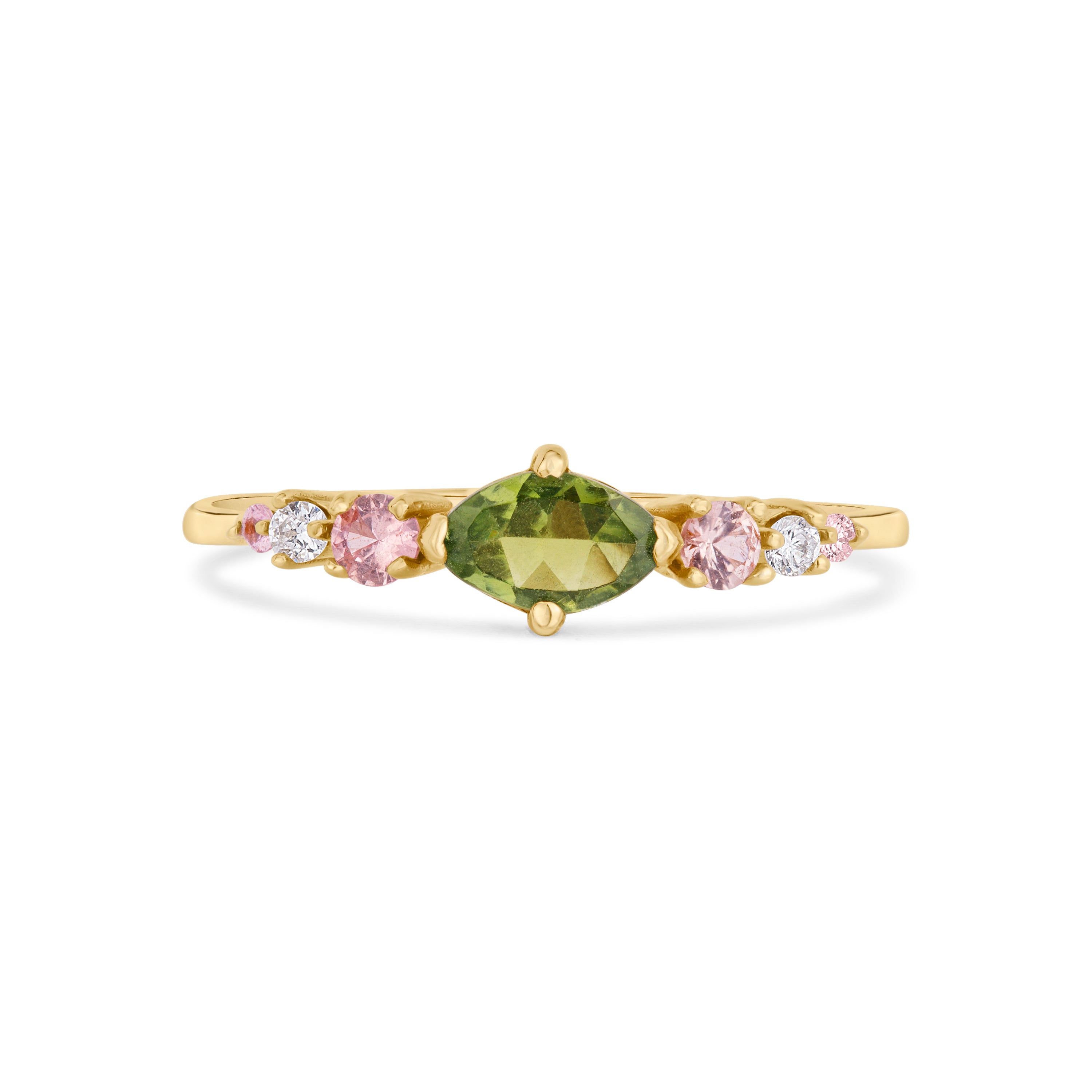 9ct Gold Green Tourmaline Marquise Delicate Engagement Ring on a white background