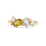 9ct Gold Pink and Green Asymmetric Cluster Engagement Ring on a white background