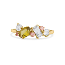 9ct Gold Pink and Green Asymmetric Cluster Engagement Ring on a white background