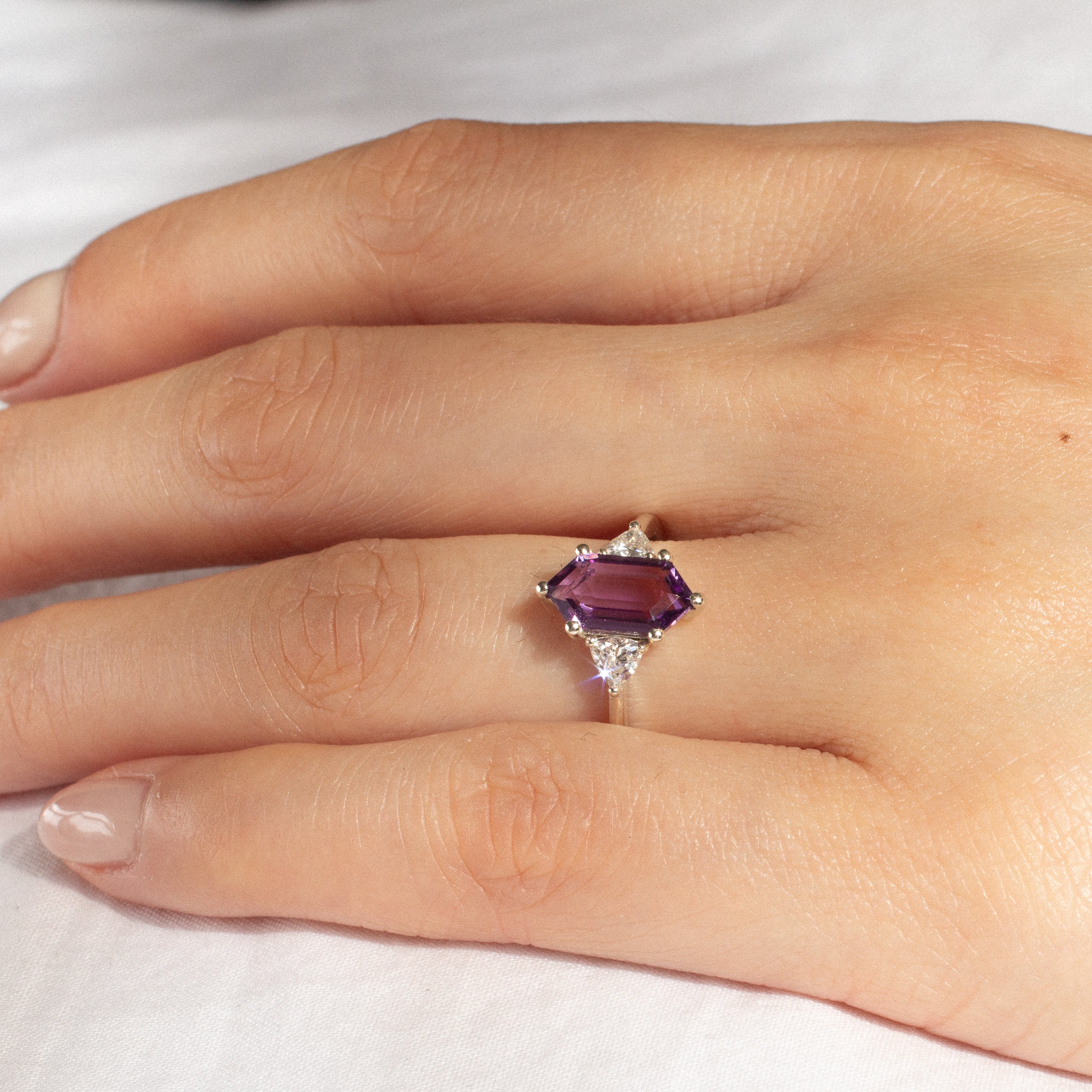 White Gold Amethyst Engagement Ring with Trillion Diamonds