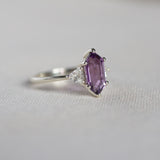 White Gold Amethyst Engagement Ring with Trillion Diamonds