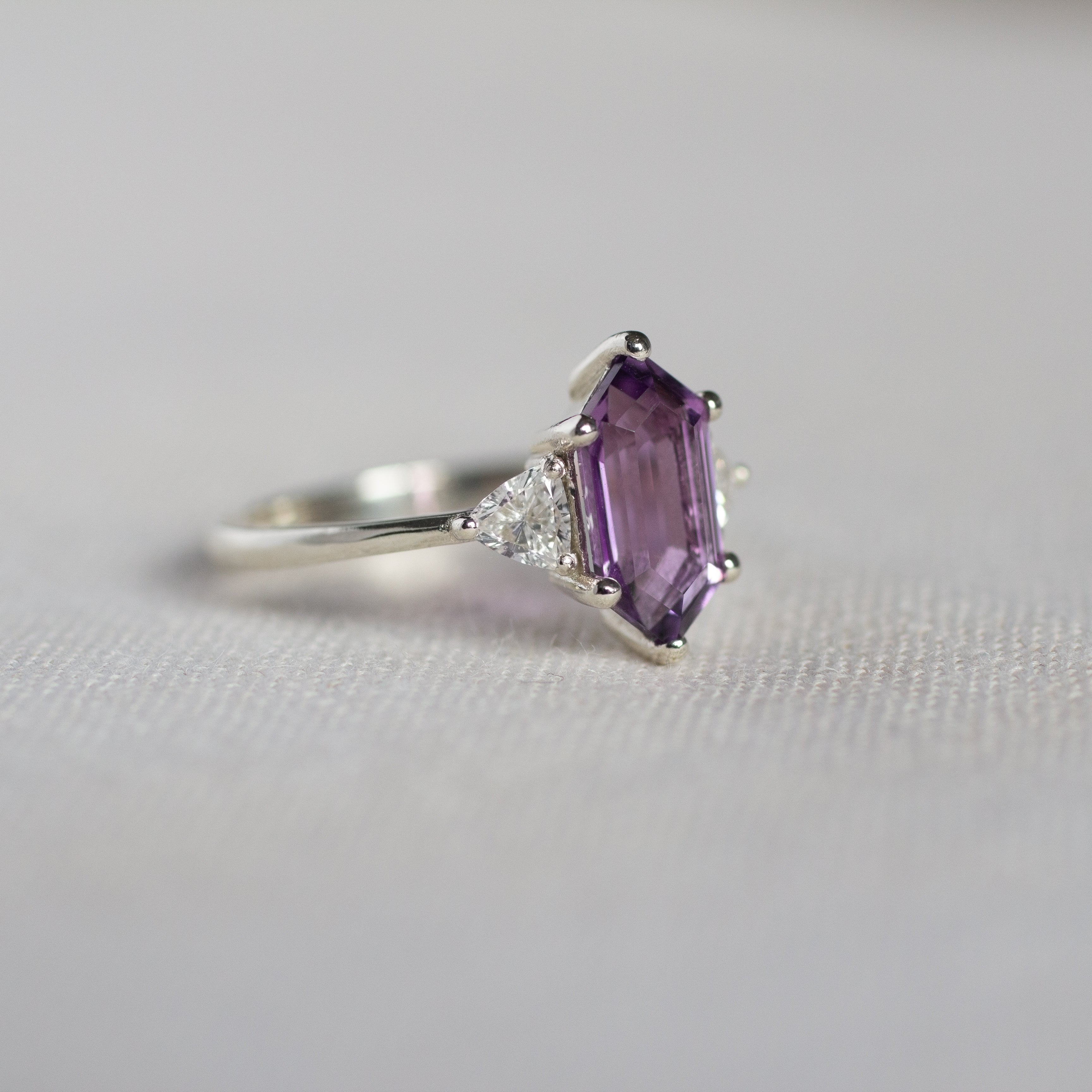 White Gold Amethyst Engagement Ring with Trillion Diamonds