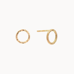 Gold circle stud earrings with hammered texture on a white background