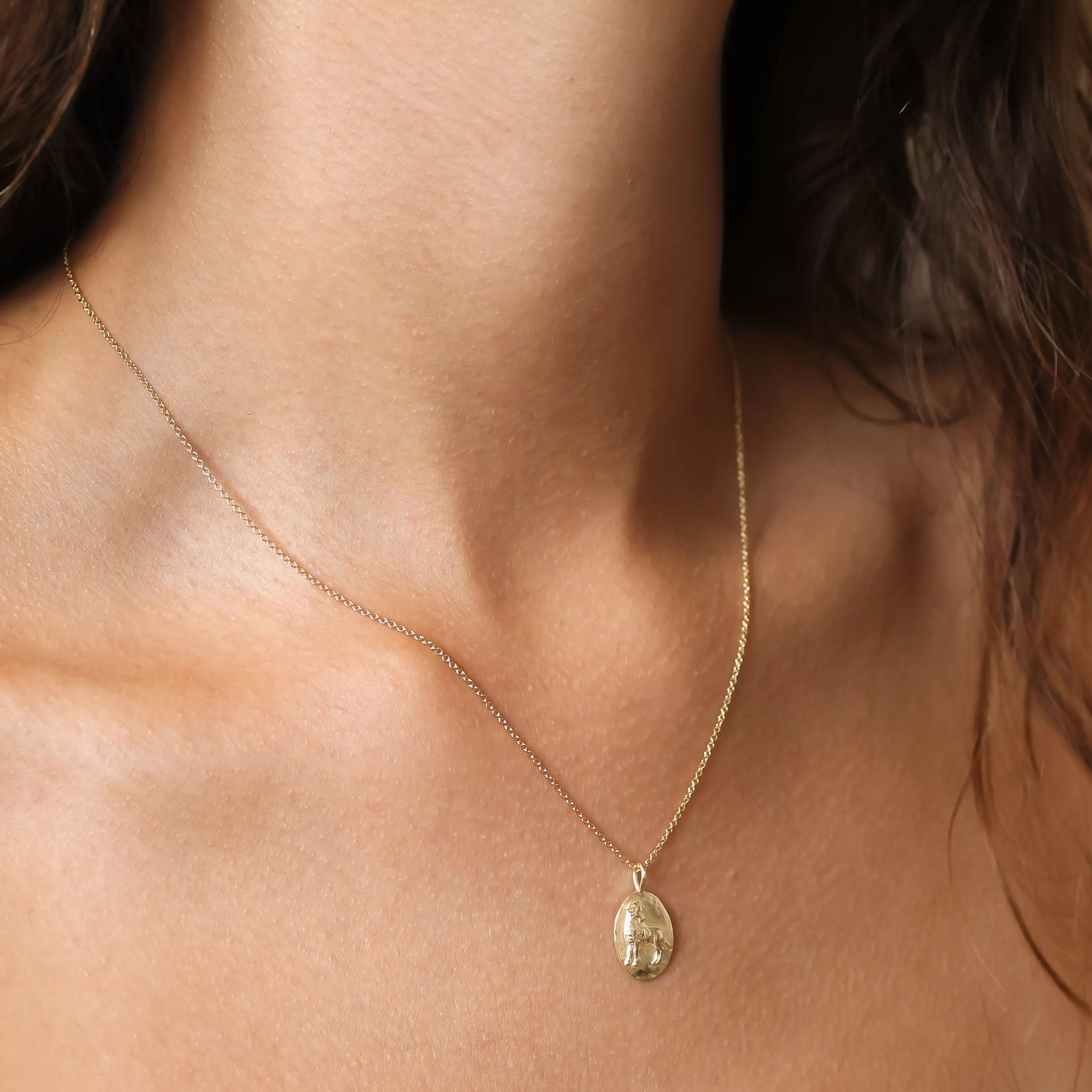 A delicate gold Aries zodiac necklace with a small oval pendant worn on a model's neck, shown in a close-up shot.