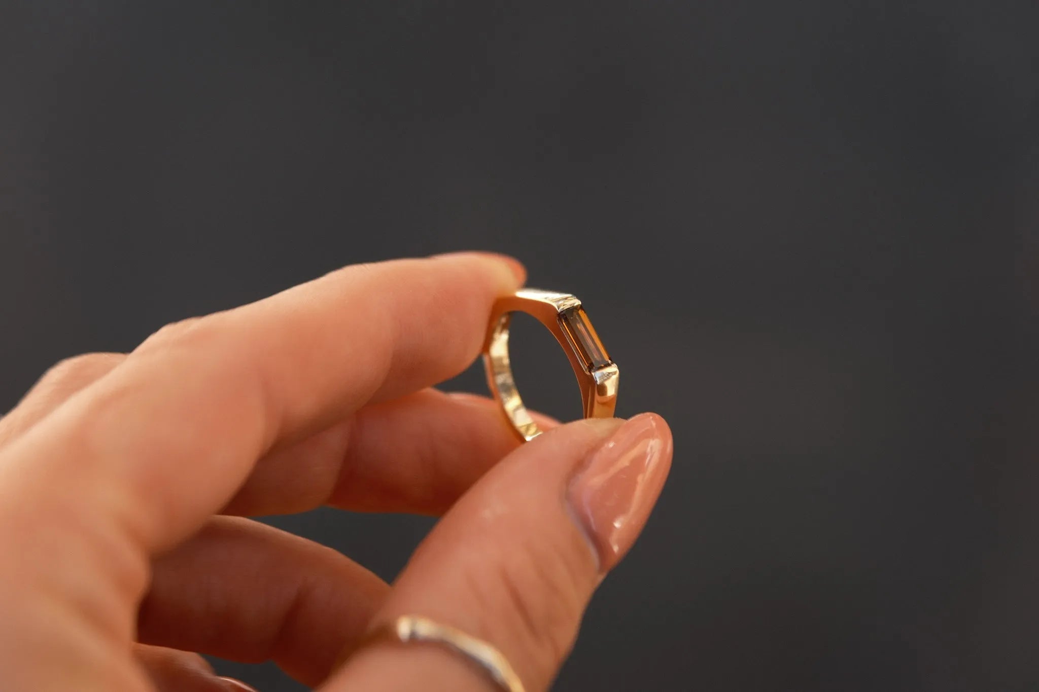 East-West Emerald-Cut Brown Diamond Half Bezel Ring-Engagement Rings-Wild Fawn Jewellery