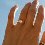 A close-up of a hand wearing a delicate gold ring with a small clear gemstone, set against a bright blue sky.
