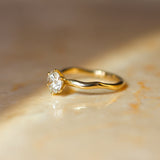 A yellow gold solitaire ring with a clear round-cut diamond and wavy molten organic band, resting on a warm beige marble surface under soft, directional sunlight.