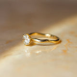 A yellow gold solitaire ring with a clear round-cut diamond and wavy molten organic band, resting on a warm beige marble surface under soft, directional sunlight.