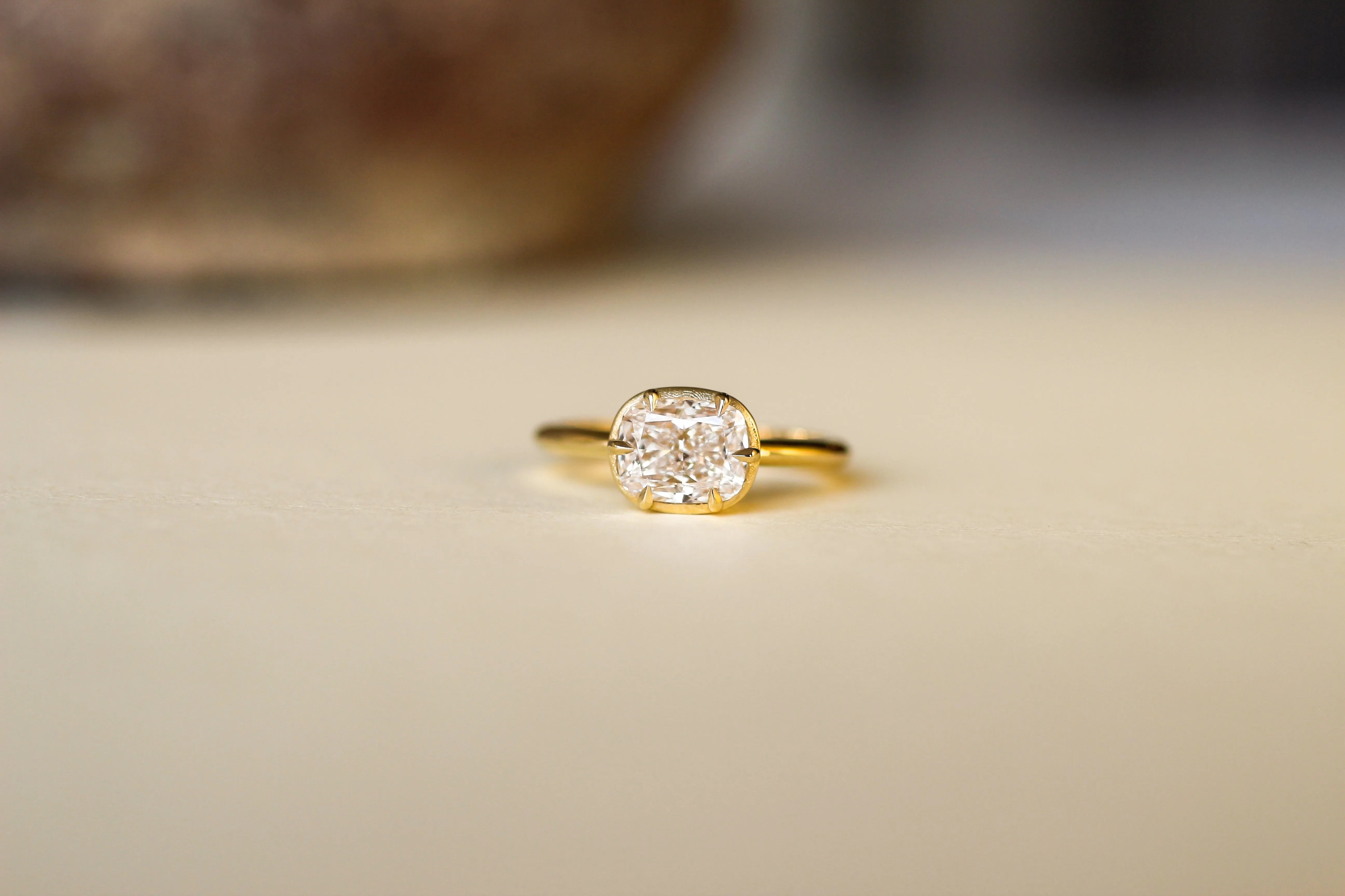 East West Faux Bezel Cushion Cut Champagne Diamond Engagement Ring-Engagement Rings-Wild Fawn Jewellery