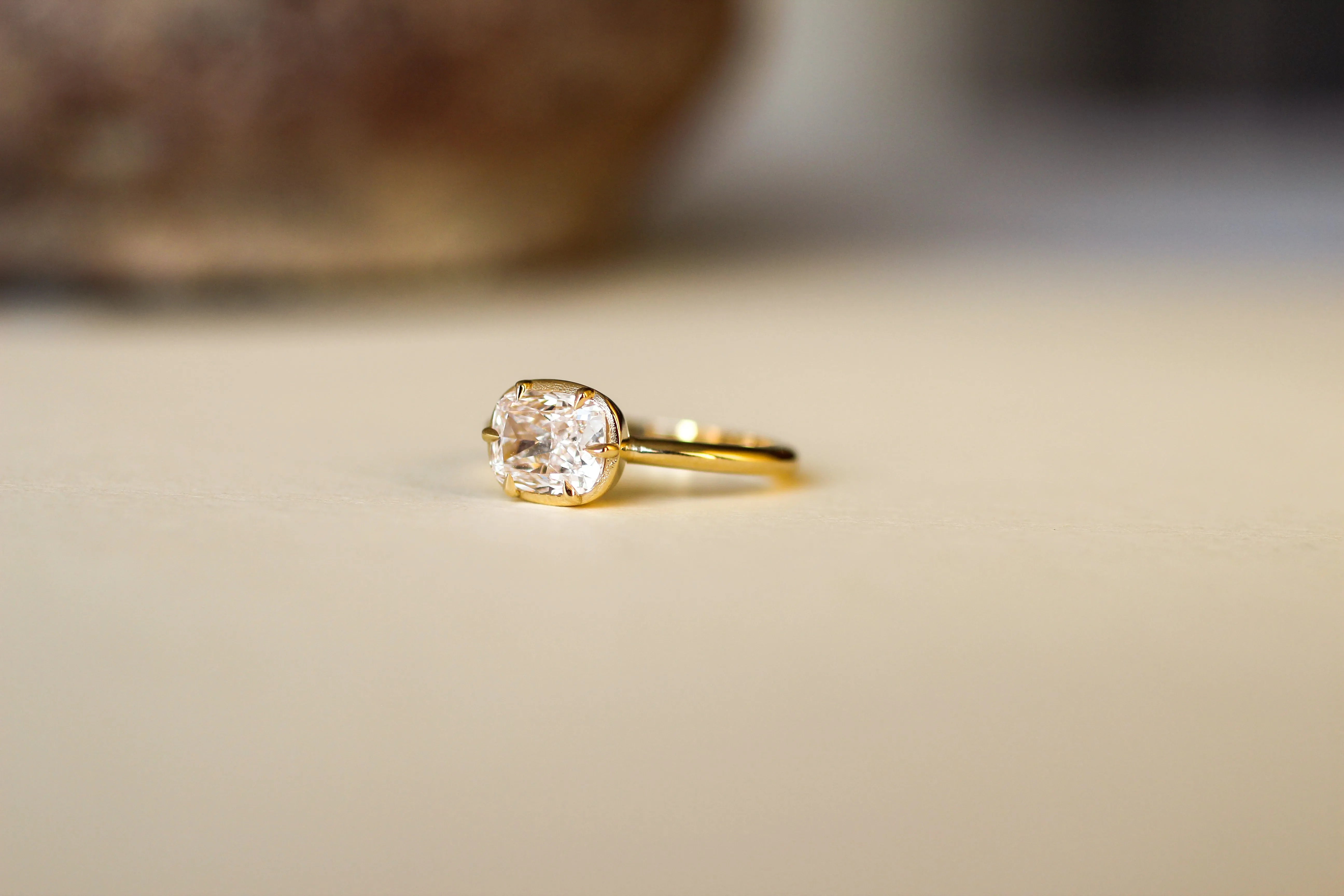 East West Faux Bezel Cushion Cut Champagne Diamond Engagement Ring-Engagement Rings-Wild Fawn Jewellery