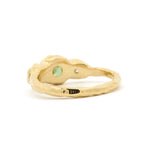 back view of Cushion-Cut Green Sapphire Molten Organic Engagement Ring displaying the wobbly texture gold band on a white background