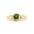 molten bezel engagement ring with cushion cut green sapphire and round diamonds on a white background