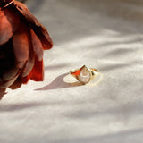 A gold ring with a pear-cut diamond sits on a textured white surface next to a dried reddish-brown flower, lit by dramatic side lighting.