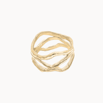 A gold-toned multi-band ring with a textured, organic wavy design, centered on a plain off-white background.