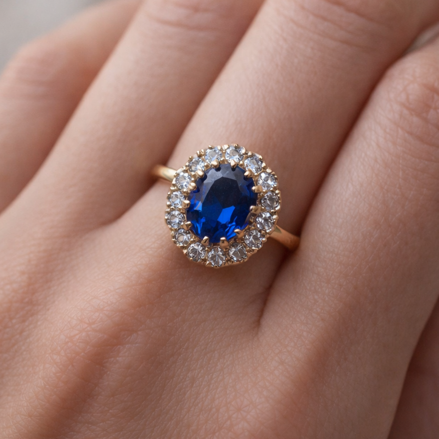 hand wearing halo engagement ring with blue sapphire and diamonds