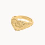 A textured gold signet ring with a sculpted, organic shape, displayed on a clean off-white background.