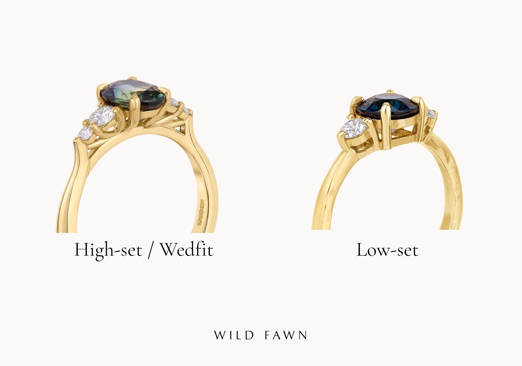 graphic comparing high-set engagement ring to low-set engagement ring