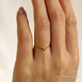 Gold chevron wedding ring on a hand with '1.3mm 9ct Yellow Gold' text