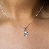 close up of someone wearing a silver necklace with star and number '8' pendants on the same chain