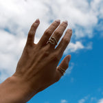 A hand with manicured nails wearing two gold rings, one of which is a twisted s-shaped band, set against a bright blue sky with white clouds.