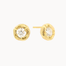 round gold molten-effect earrings with diamonds on a white background