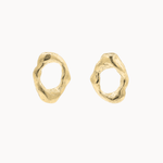 A pair of gold textured oval-shaped stud earrings on a clean off-white background.