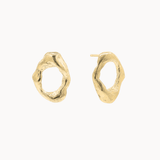 A pair of organic-shaped open oval stud earrings with a textured, hammered finish, displayed on a clean off-white background.