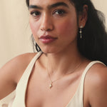 woman wearing white strappy dress, star dangle earrings and diamond star necklace looking to camera