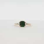 green cushion cut sapphire engagement ring with trilliant diamonds on 18ct yellow gold shank 360 video
