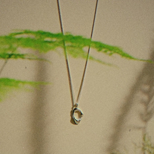 silver oval necklace on a chain with moving plants and plant shadows