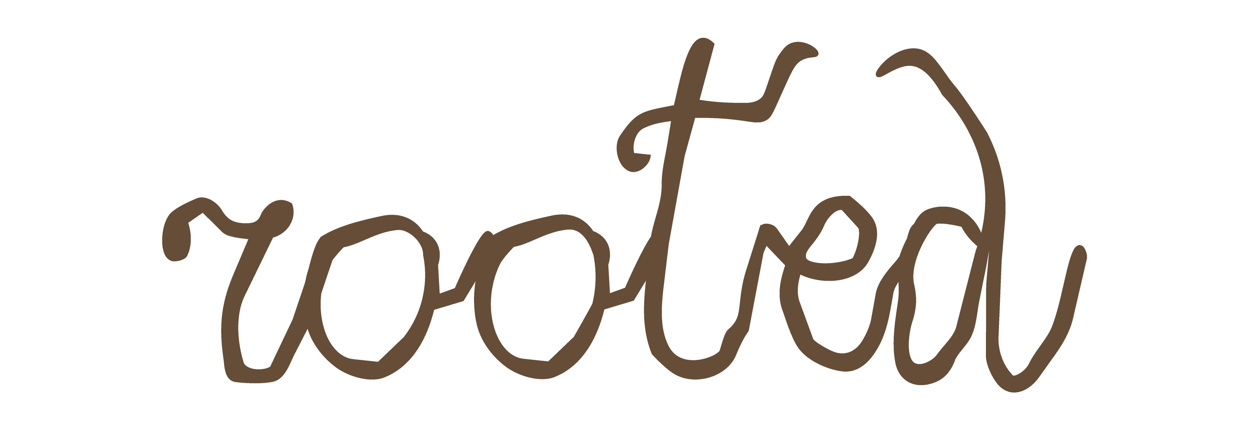 the word rooted written in tree-vine inspired font in a soft brown colour against a transparent background