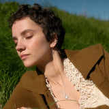 Woman lying on grass wearing a brown coat and white dress, with a clear blue sky in the background.
