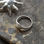 close up of a silver signet ring with sun-shaped earring in the background on a grey marbled surface