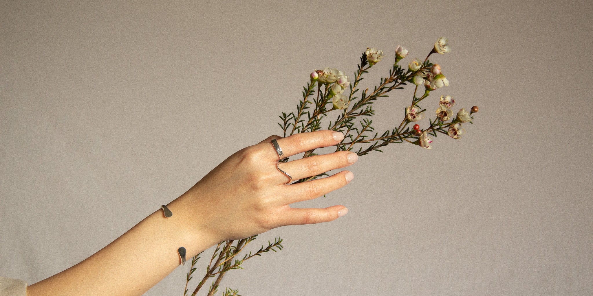 outstretched arm wearing silver open bangle and rings holding a branch of white flowers against a neutral background