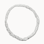 A textured silver bangle bracelet with a twisted, rope-like metallic finish, shown against a plain off-white background.