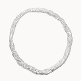 A textured silver bangle bracelet with a twisted, rope-like metallic finish, shown against a plain off-white background.