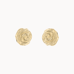A pair of gold textured spiral stud earrings on a clean off-white background.