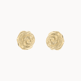 A pair of gold textured spiral stud earrings on a clean off-white background.