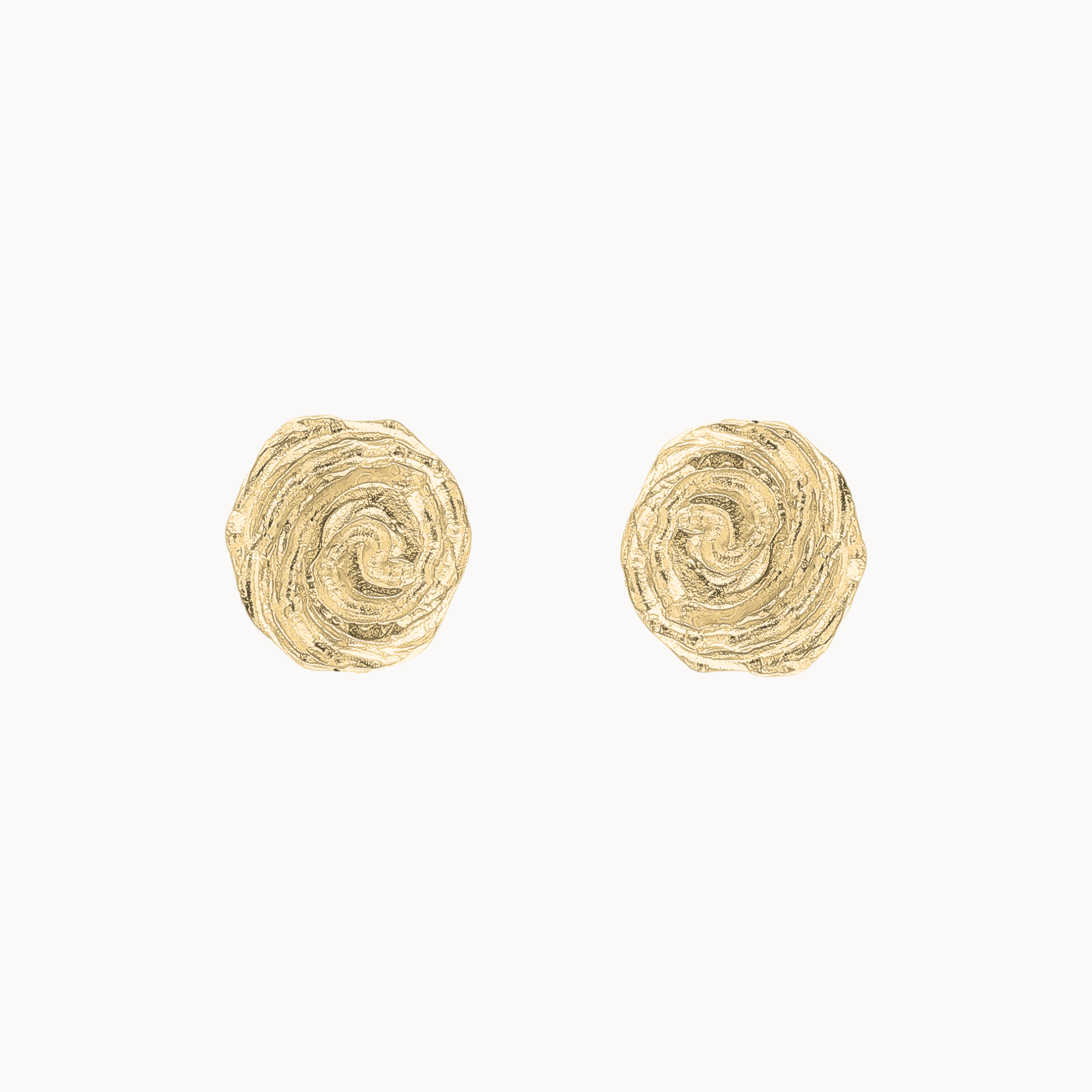 A pair of gold textured spiral stud earrings on a clean off-white background.