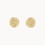 A pair of gold textured spiral stud earrings on a clean off-white background.
