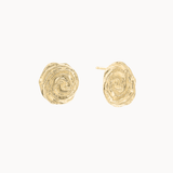 Pair of gold spiral stud earrings with the one slightly outturned showing the ear pin on a white background